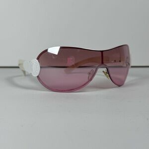 Steve Madden shield wrap frame rose colored lens white oversized glasses